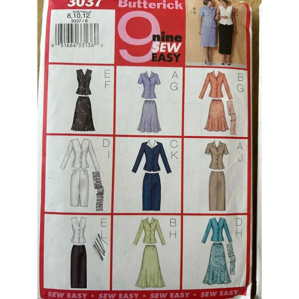 VTG 80s Sew Pattern Separates Jacket Skirt, Pants Top 8-10-12-14 Butterick 90s